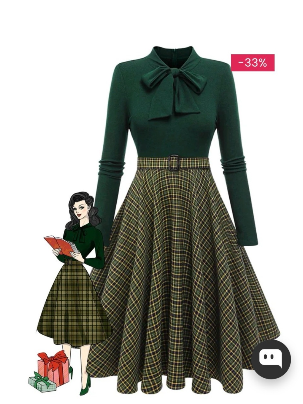 Vintage Plaid Bow-Accent Circle Skirt Dress